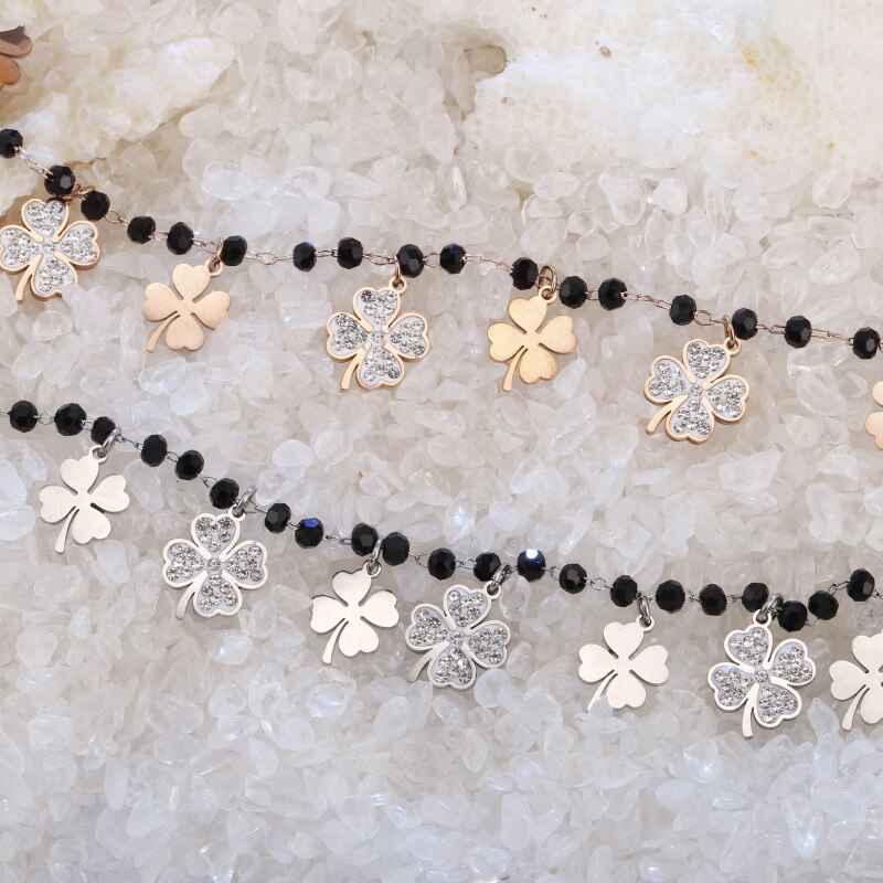 Trendy Clover Black Beaded Bracelet For Woman Rose Gold Silver Color Crystal Charm Bracelet Jewelry Party Gift
