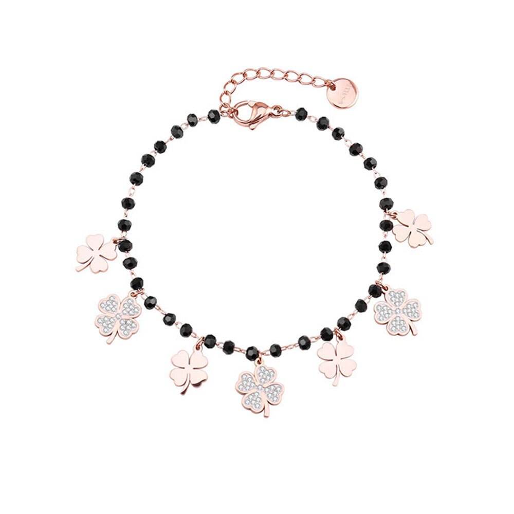 Trendy Clover Black Beaded Bracelet For Woman Rose Gold Silver Color Crystal Charm Bracelet Jewelry Party Gift