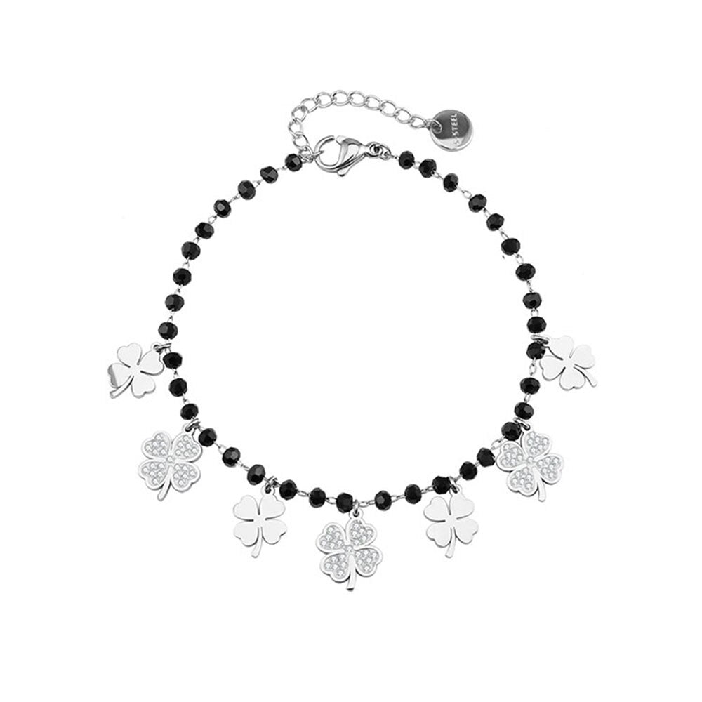 Trendy Clover Black Beaded Bracelet For Woman Rose Gold Silver Color Crystal Charm Bracelet Jewelry Party Gift