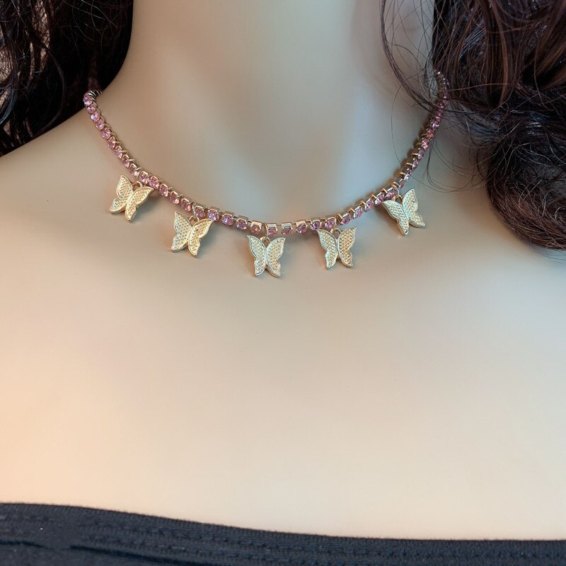 Trendy Cute Small Animal Crystal Butterfly Pendant Necklace Women Silver Color Butterfly Choker Necklace Collar Chain