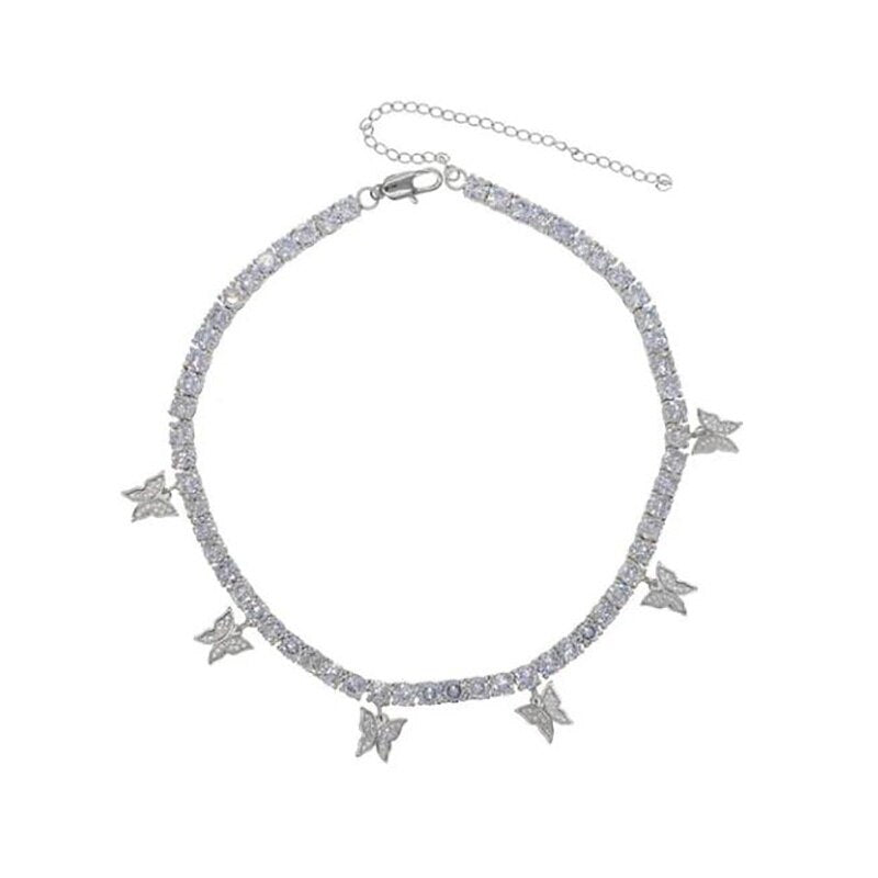 Trendy Cute Small Animal Crystal Butterfly Pendant Necklace Women Silver Color Butterfly Choker Necklace Collar Chain
