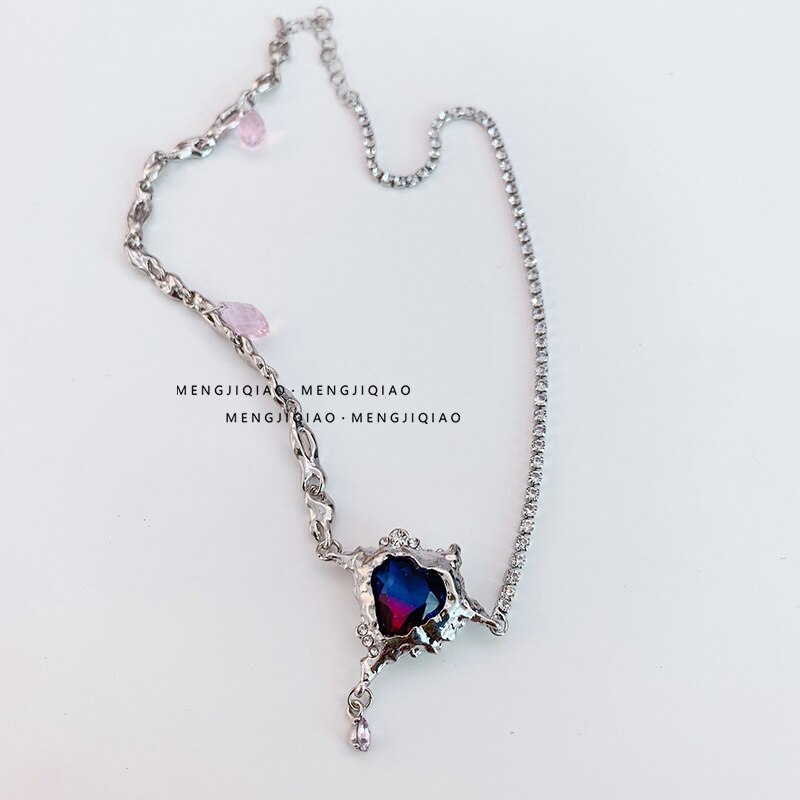 Trendy Elegant Gradient Red Purple Crystal Heart Pendant Necklace Vintage Rhinestone Chain Clavicle female Party Club Jewelr