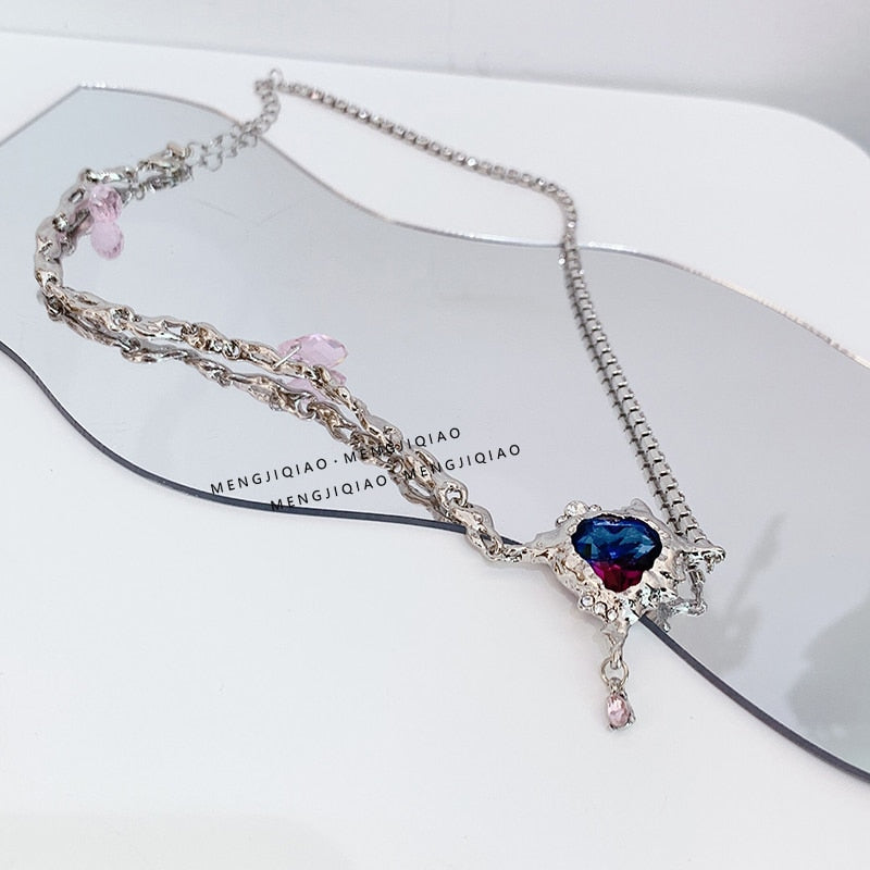 Trendy Elegant Gradient Red Purple Crystal Heart Pendant Necklace Vintage Rhinestone Chain Clavicle female Party Club Jewelr