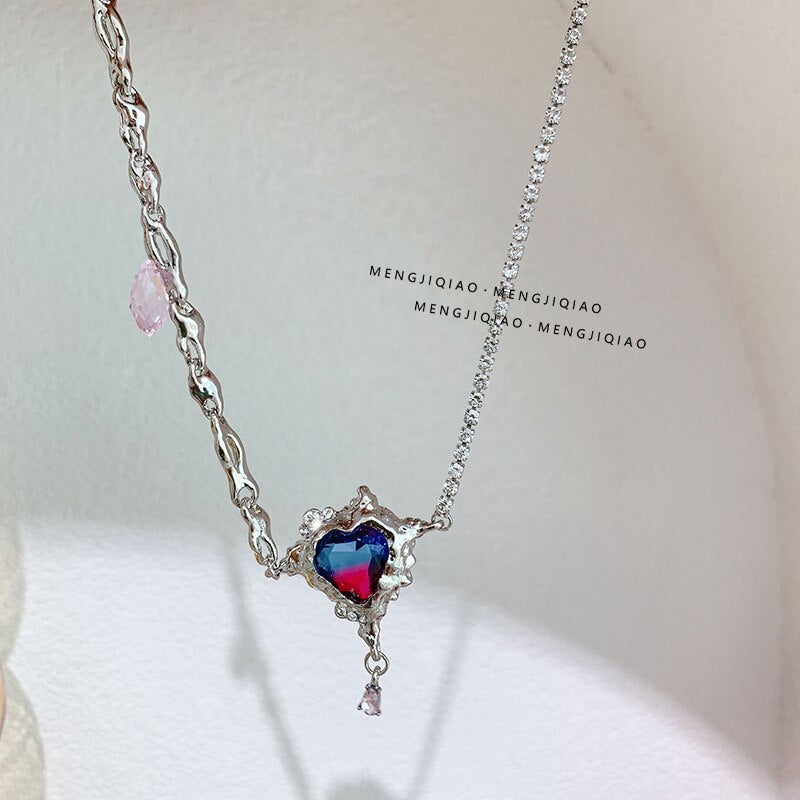 Trendy Elegant Gradient Red Purple Crystal Heart Pendant Necklace Vintage Rhinestone Chain Clavicle female Party Club Jewelr
