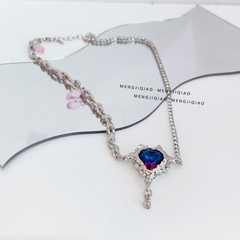 Trendy Elegant Gradient Red Purple Crystal Heart Pendant Necklace Vintage Rhinestone Chain Clavicle female Party Club Jewelr
