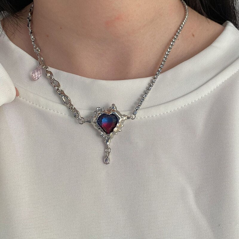 Trendy Elegant Gradient Red Purple Crystal Heart Pendant Necklace Vintage Rhinestone Chain Clavicle female Party Club Jewelr