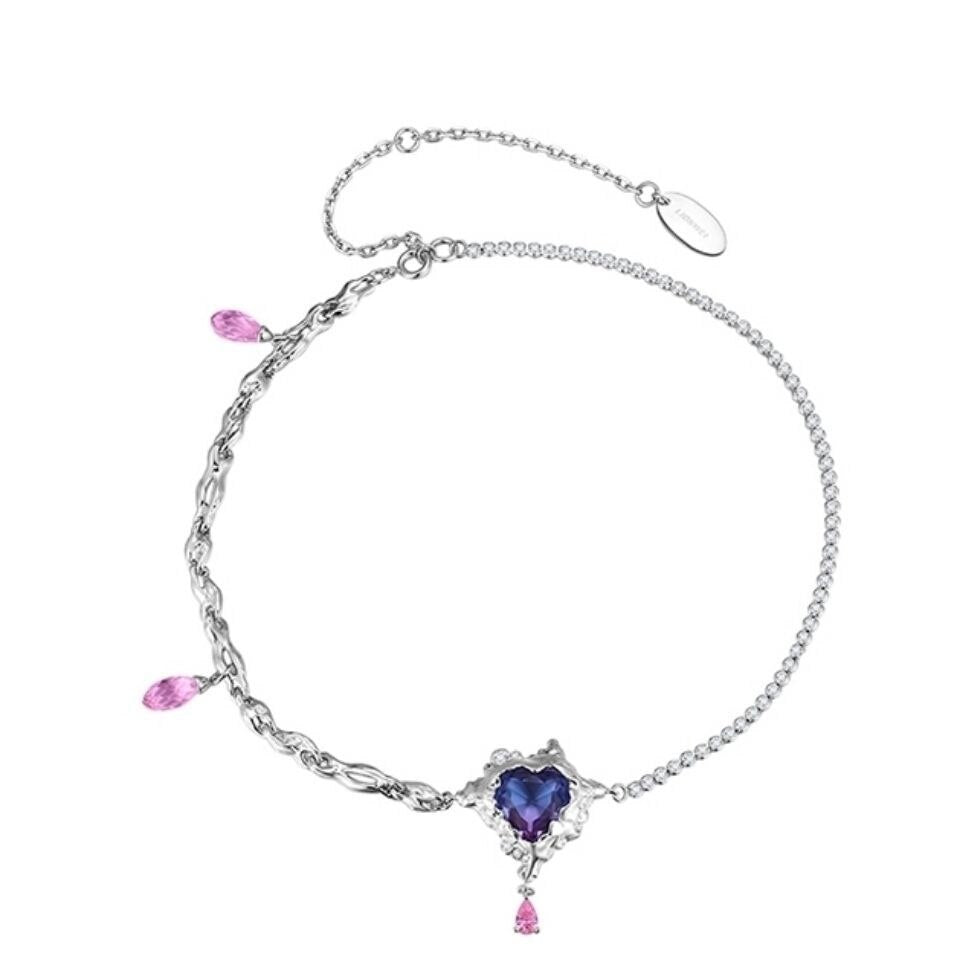 Trendy Elegant Gradient Red Purple Crystal Heart Pendant Necklace Vintage Rhinestone Chain Clavicle female Party Club Jewelr