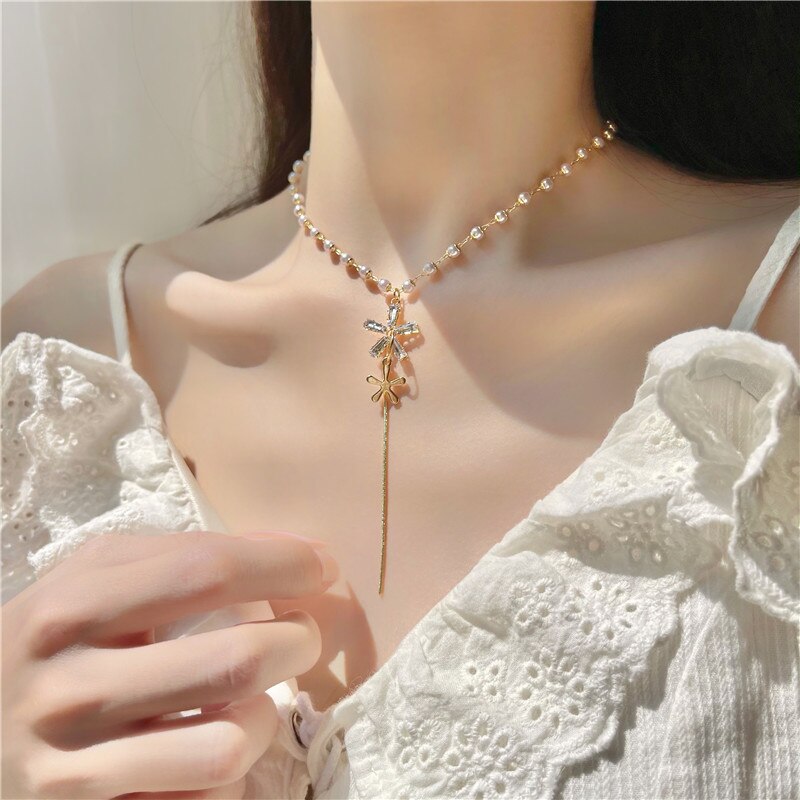 Trendy French Small Square Shiny Zircon Pendant Necklace Elegant Women Gold Color Clavicle Chain Choker Jewelry Gift