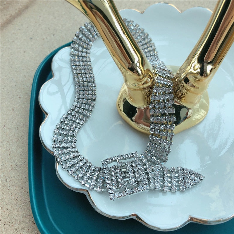Trendy Full Rhinestone Choker Necklaces Women Girls Bijoux Shiny Crystal Silver Color Button Necklaces Wedding Jewelry Gifts