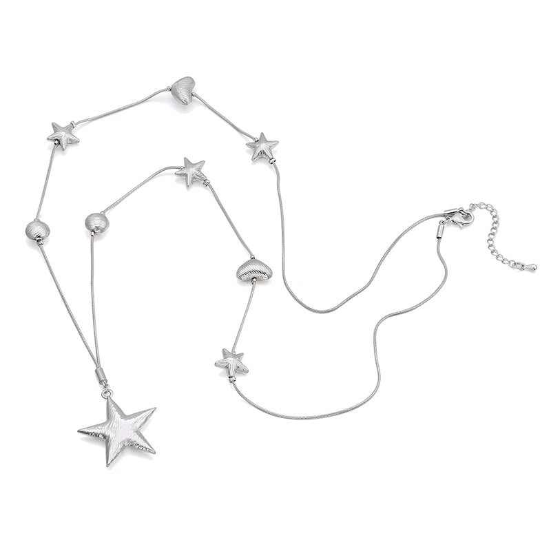 Trendy Gun Black Pentagram Star Heart Beads Pendants Necklace Chain Sweater Long Necklace For Women Jewelry Party Gifts 2022