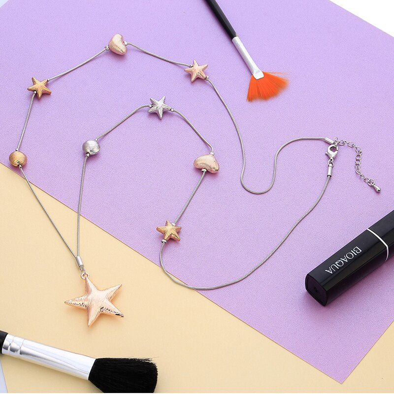 Trendy Gun Black Pentagram Star Heart Beads Pendants Necklace Chain Sweater Long Necklace For Women Jewelry Party Gifts 2022