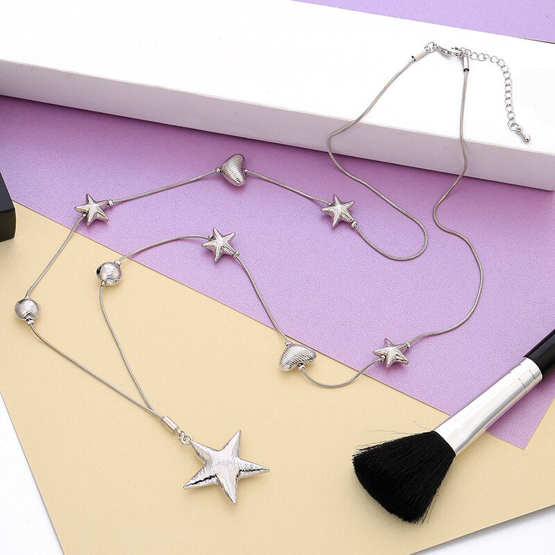 Trendy Gun Black Pentagram Star Heart Beads Pendants Necklace Chain Sweater Long Necklace For Women Jewelry Party Gifts 2022