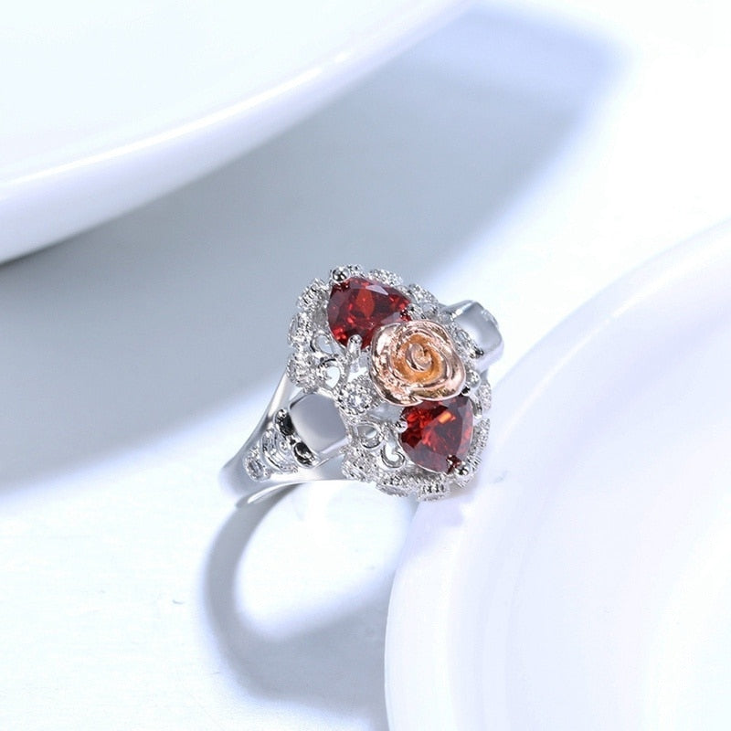 Trendy Rose Skull Pattern Bohemian Heart-Shaped Crystal Inlaid Ring Women's Ring Skull Ring Accessories Party Jewelr