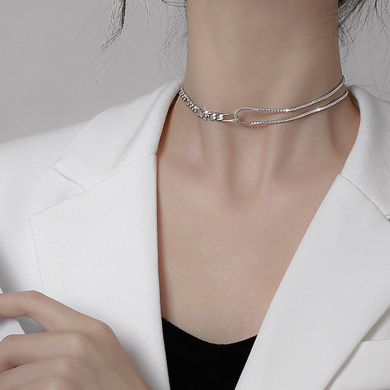 Trendy Silver Color 925 Sterling Silver Shiny AAA Zircon Chain Choker Necklace for Women Fine Jewelry Party Wedding Gifts