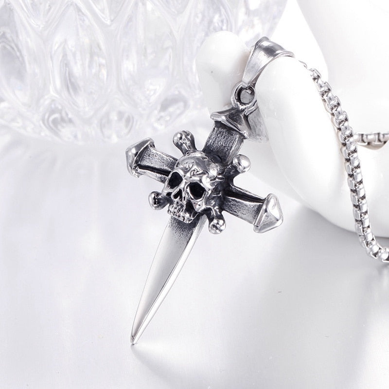 Trendy Skull Dagger Cross Pendant Necklace Men's Necklace Sliding Metal Silver-Plated Necklace Pendant Accessories