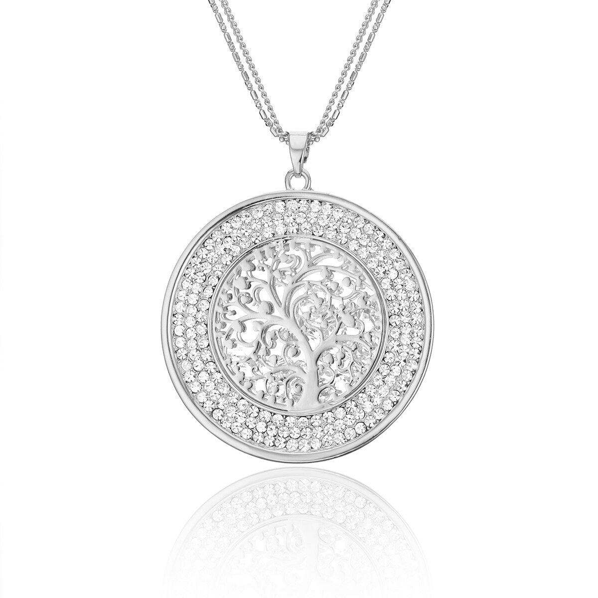 Trendy Tree of Life Crystal Round Big Pendant Necklace silvery Gold Stainless Steel Elegant For Women Necklaces Jewelry Gift