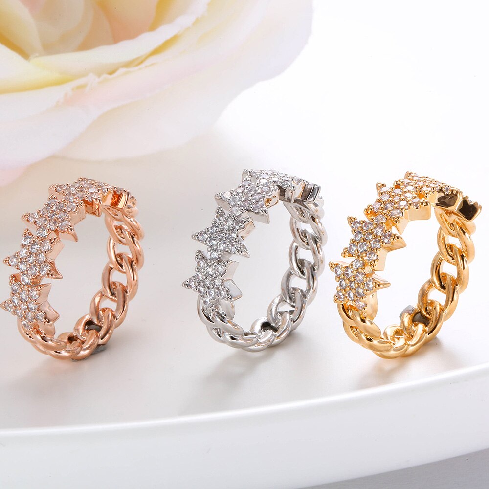 Twist Classical Cubic Zircon Stars Ring for Woman Rose Gold Color Wedding Engagement Finger Ring for Girls Jewelry Gifts