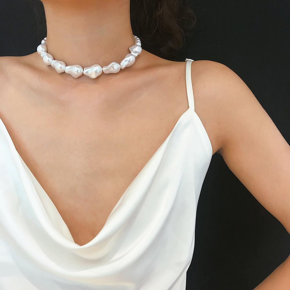 Vintage Big Irregular Pearl Choker Necklace For Women Simple Monolayer Baroque Pearl Chain Necklace Party Wedding Jewelry