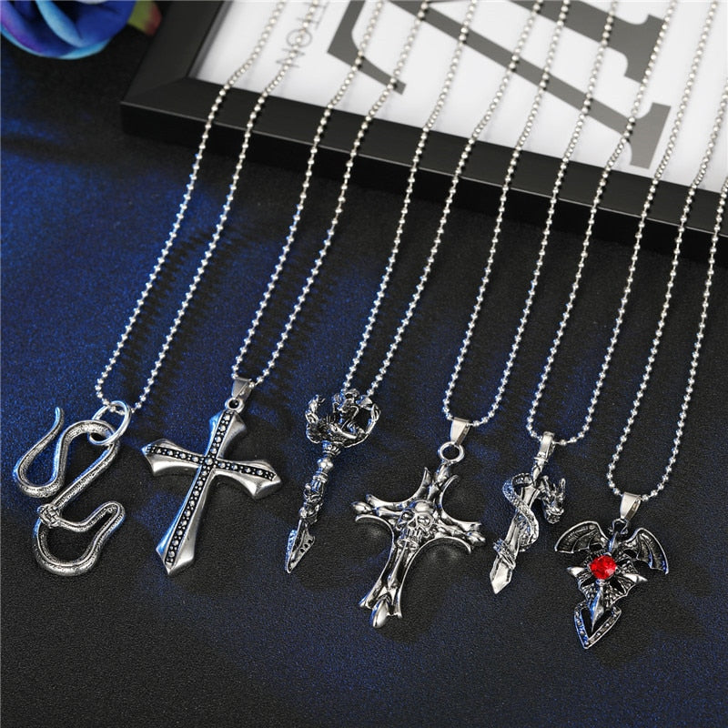 Vintage Cross Skull Snake Necklace Choker For Men Women Punk Metal Color Zircon Scepter Big Pendant Necklace Male Jewelry