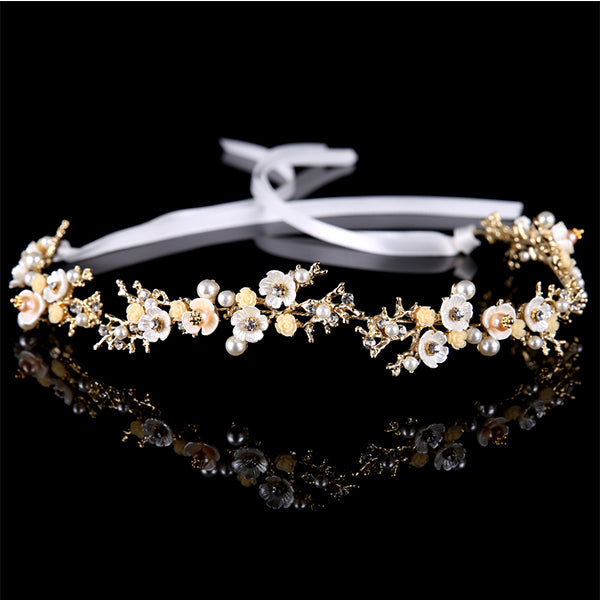 New Vintage Gold Flower Crystal Pearl Headband Wedding Headpieces Hair Jewelry Handmade Women tiara Bride Hair Accessories FD564
