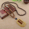 Vintage Long Buddhist Wood Beaded Pendant & Necklace Ethnic Bohemian Boho Buddha Lucky Jewelry for Women Men
