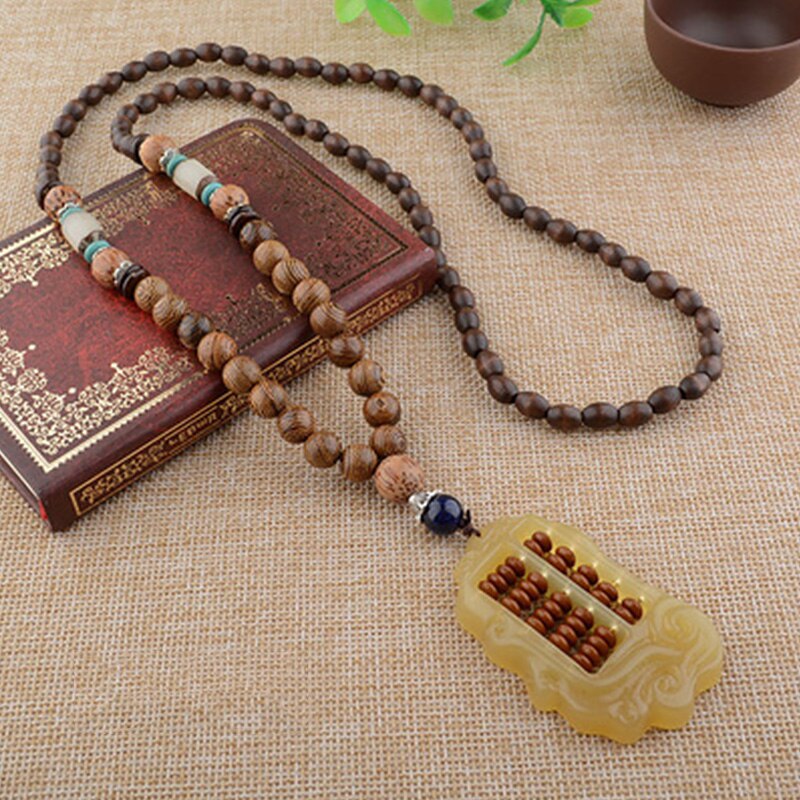 Vintage Long Buddhist Wood Beaded Pendant & Necklace Ethnic Bohemian Boho Buddha Lucky Jewelry for Women Men