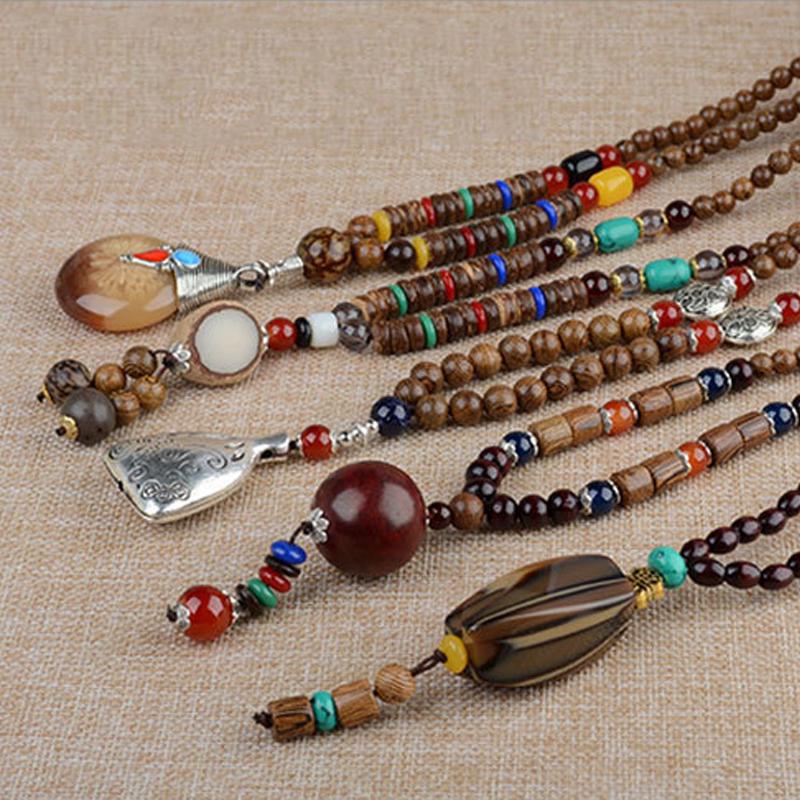 Vintage Long Buddhist Wood Beaded Pendant & Necklace Ethnic Bohemian Boho Buddha Lucky Jewelry for Women Men