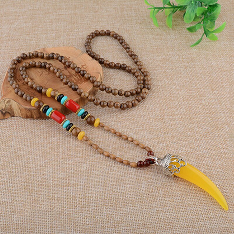 Vintage Long Buddhist Wood Beaded Pendant & Necklace Ethnic Bohemian Boho Buddha Lucky Jewelry for Women Men