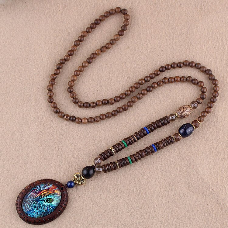 Vintage Nepal Buddhist Mala Wood Beads Pendant Necklace Ethnic Style Buddha Women Men Long Necklaces