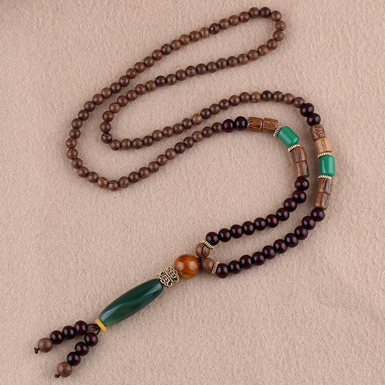 Vintage Nepal Buddhist Mala Wood Beads Pendant Necklace Ethnic Style Buddha Women Men Long Necklaces