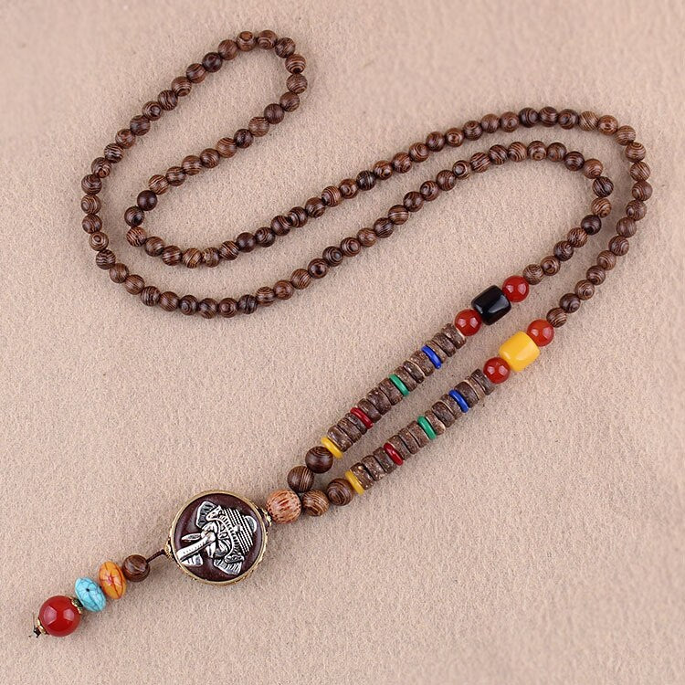 Vintage Nepal Buddhist Mala Wood Beads Pendant Necklace Ethnic Style Buddha Women Men Long Necklaces
