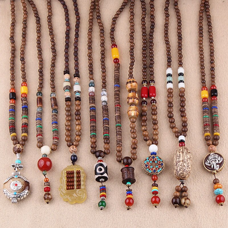 Vintage Nepal Buddhist Mala Wood Beads Pendant Necklace Ethnic Style Buddha Women Men Long Necklaces