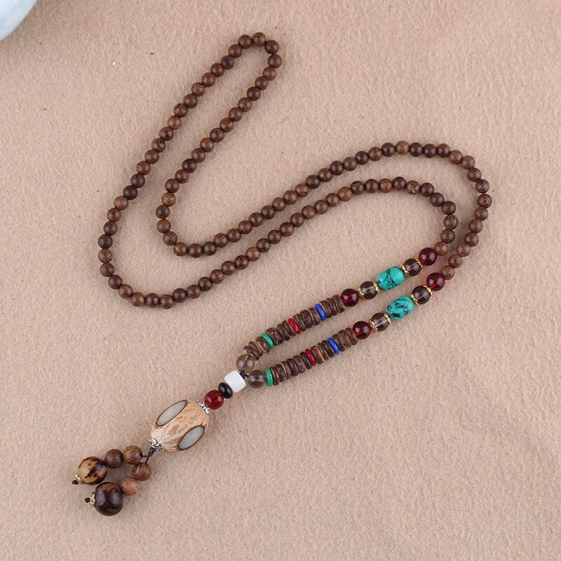 Vintage Nepal Buddhist Mala Wood Beads Pendant Necklace Ethnic Style Buddha Women Men Long Necklaces