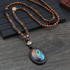 Vintage Nepal Buddhist Mala Wood Beads Pendant Necklace Ethnic Style Buddha Women Men Long Necklaces