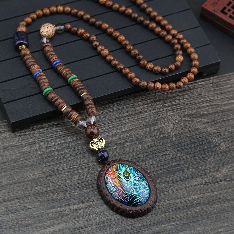 Vintage Nepal Buddhist Mala Wood Beads Pendant Necklace Ethnic Style Buddha Women Men Long Necklaces