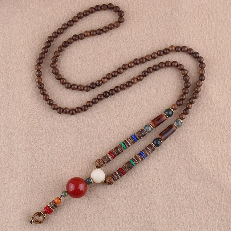 Vintage Nepal Buddhist Mala Wood Beads Pendant Necklace Ethnic Style Buddha Women Men Long Necklaces