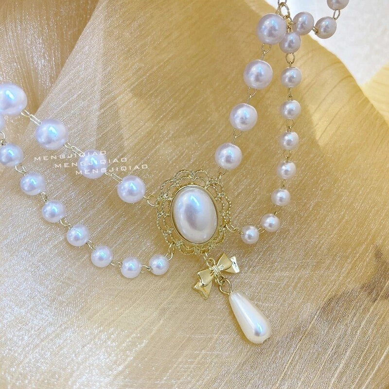 Vintage Palace Style Double Layers Pearl  Choker Necklace For Women Elegant Flower Bowknot Pendant Wedding Necklace Jewelry