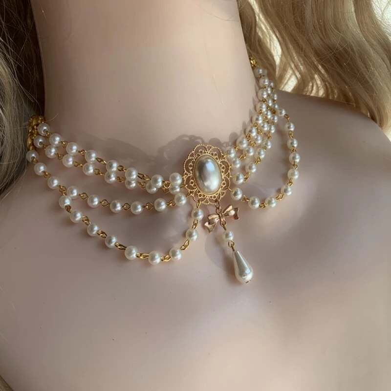 Vintage Palace Style Double Layers Pearl  Choker Necklace For Women Elegant Flower Bowknot Pendant Wedding Necklace Jewelry