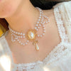 Vintage Palace Style Double Layers Pearl  Choker Necklace For Women Elegant Flower Bowknot Pendant Wedding Necklace Jewelry