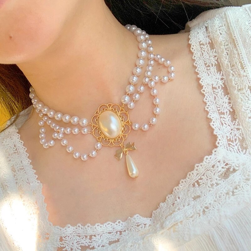 Vintage Palace Style Double Layers Pearl  Choker Necklace For Women Elegant Flower Bowknot Pendant Wedding Necklace Jewelry
