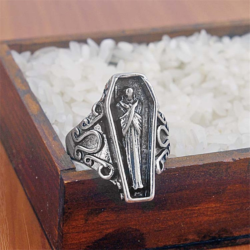 Vintage Silver Plated Coffin Egyptian Mummy Ring Simple Retro Personality Size Adjustable Joint Mummy Ring Gift Jewelry