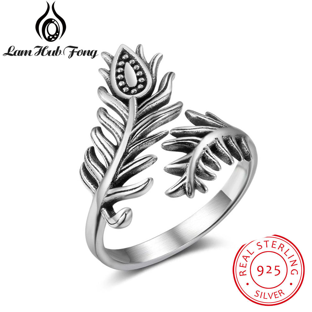 New Vintage Style Real 925 Sterling Silver Feather Rings for Women Girls Female Retro Adjustable Finger Ring Jewelry
