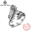 New Vintage Style Real 925 Sterling Silver Feather Rings for Women Girls Female Retro Adjustable Finger Ring Jewelry