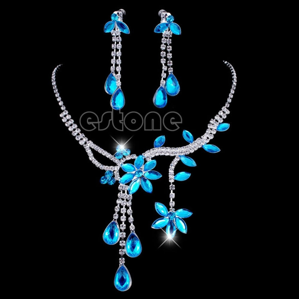 New-Wedding-Bridal-Flower-Leaf-Rhinestone-Crystal-Necklace-Drop-Earrings-Jewelry-Set