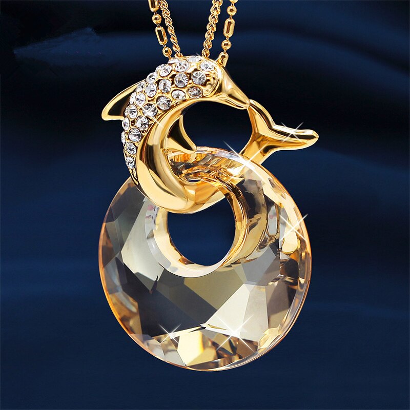 Women Crystals from Swarovski Dolphin Long Necklace Gold Chain Rhinestones Sweater Pendant Necklace Party Jewelry Gift