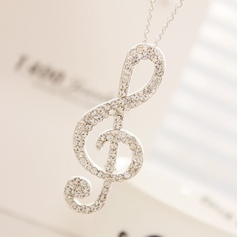 New Women Gold Crystal Music Note Rhythm Long Chain Sweater Necklace Pendant