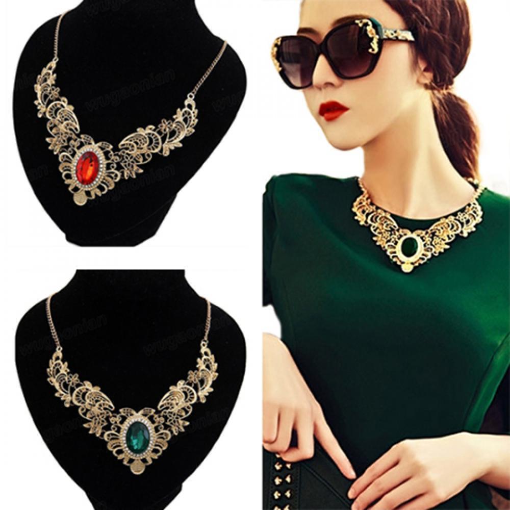 Women  Party Hollow Out Flower Oval Rhinestone Statement Bib Necklace Jewelry