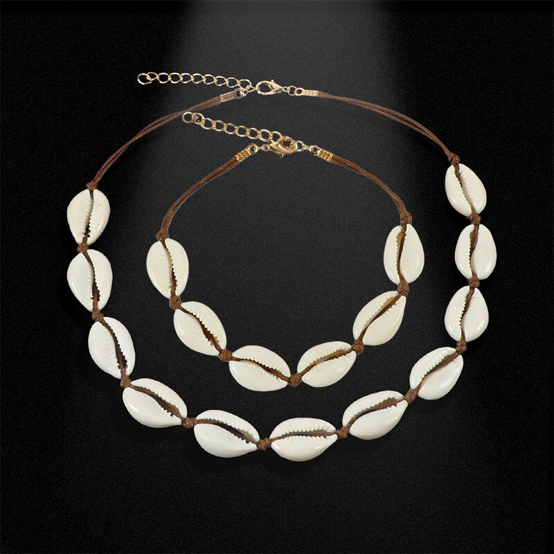 Women Shell Necklace Bracelet Set Natural Conch Braided Choker Bangles Adjustable Rope Chain Girl Summer Beach Jewelry Gift