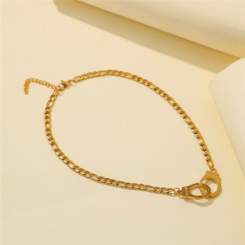 Women Unisex Gold Personality Handcuffs Clavicle Necklace Stainless Steel Necklace Cuban Punk Necklace