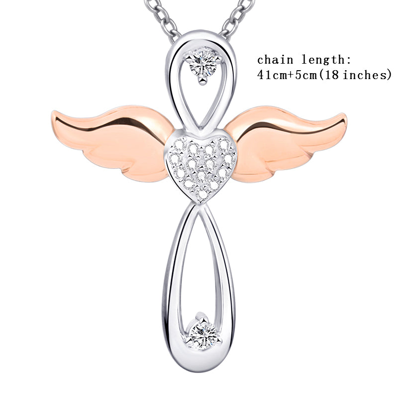 New arrival 925 sterling silver angel cross chain pendant necklace with rose gold color wing diy fine jewelry factory supply